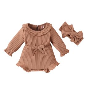 New Children's Clothing Baby Long Sleeve Sunken Stripe Romper Headscarf Female Baby Autumn And Winter Jumpsuit (Option: Brown-60cm)