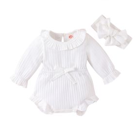 New Children's Clothing Baby Long Sleeve Sunken Stripe Romper Headscarf Female Baby Autumn And Winter Jumpsuit (Option: White-60cm)