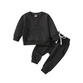 Clothing New Casual Solid Color Hoodie Long Sleeve Solid Color Trousers Two-piece Set (Option: Black-70cm)