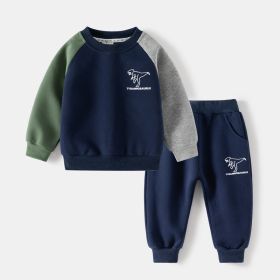 Children Dinosaur Printed Contrast Color Long Sleeves Suit (Option: Navy Blue Color Matching Suit-90cm)