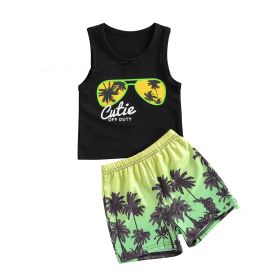 Boys Beach Style Glasses Palm Tree Print Vest Shorts Set (Option: Black-80cm)