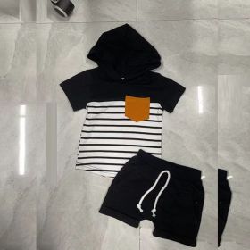 New Hooded Small Pocket Striped Top And Shorts Suit (Option: Black-70cm)