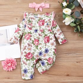 Girls' Long-sleeved Ruffled Printed One-piece Romper Hair Band Two-piece Set (Option: Pink-6to9M)