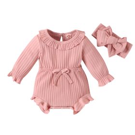 New Children's Clothing Baby Long Sleeve Sunken Stripe Romper Headscarf Female Baby Autumn And Winter Jumpsuit (Option: Pink-70cm)